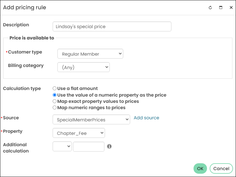 Adding a pricing rule using the value of a numeric property as the price