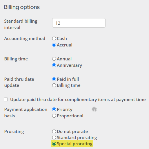 Selecting special prorating from the billing options