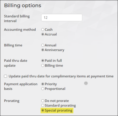 Selecting special prorating from the billing options