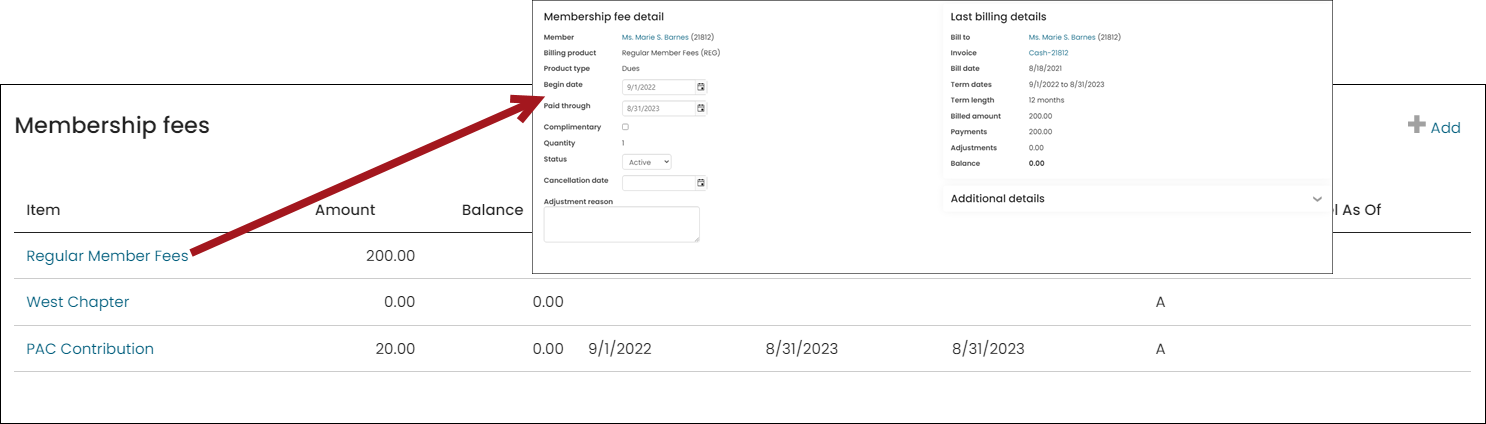 Selecting a membership fee to view specific details