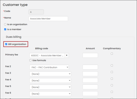 Customer type configuration window with box around bill organization option