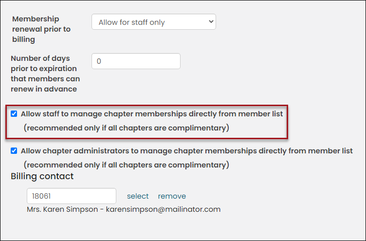 Enabling the allow staff to manage chapter memberships directly from member list setting