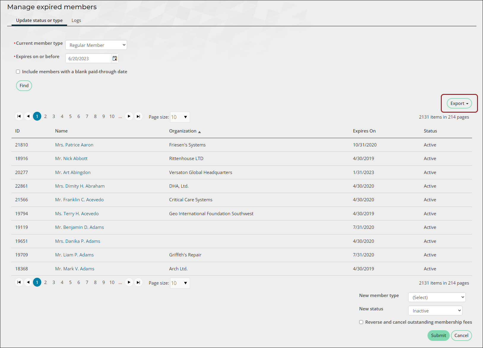 Viewing the managed expired members list and exporting that list