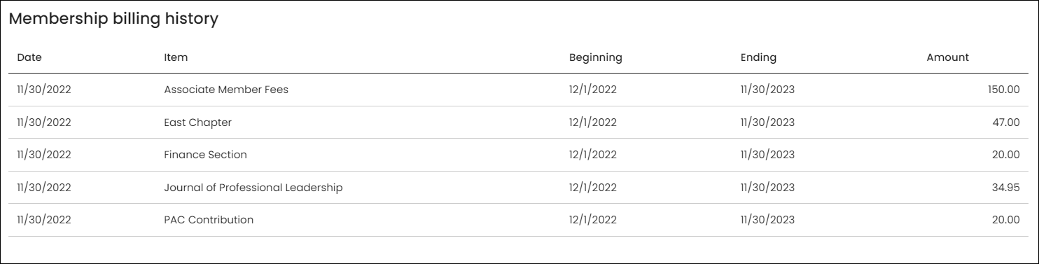 Viewing the membership billing history on an account page