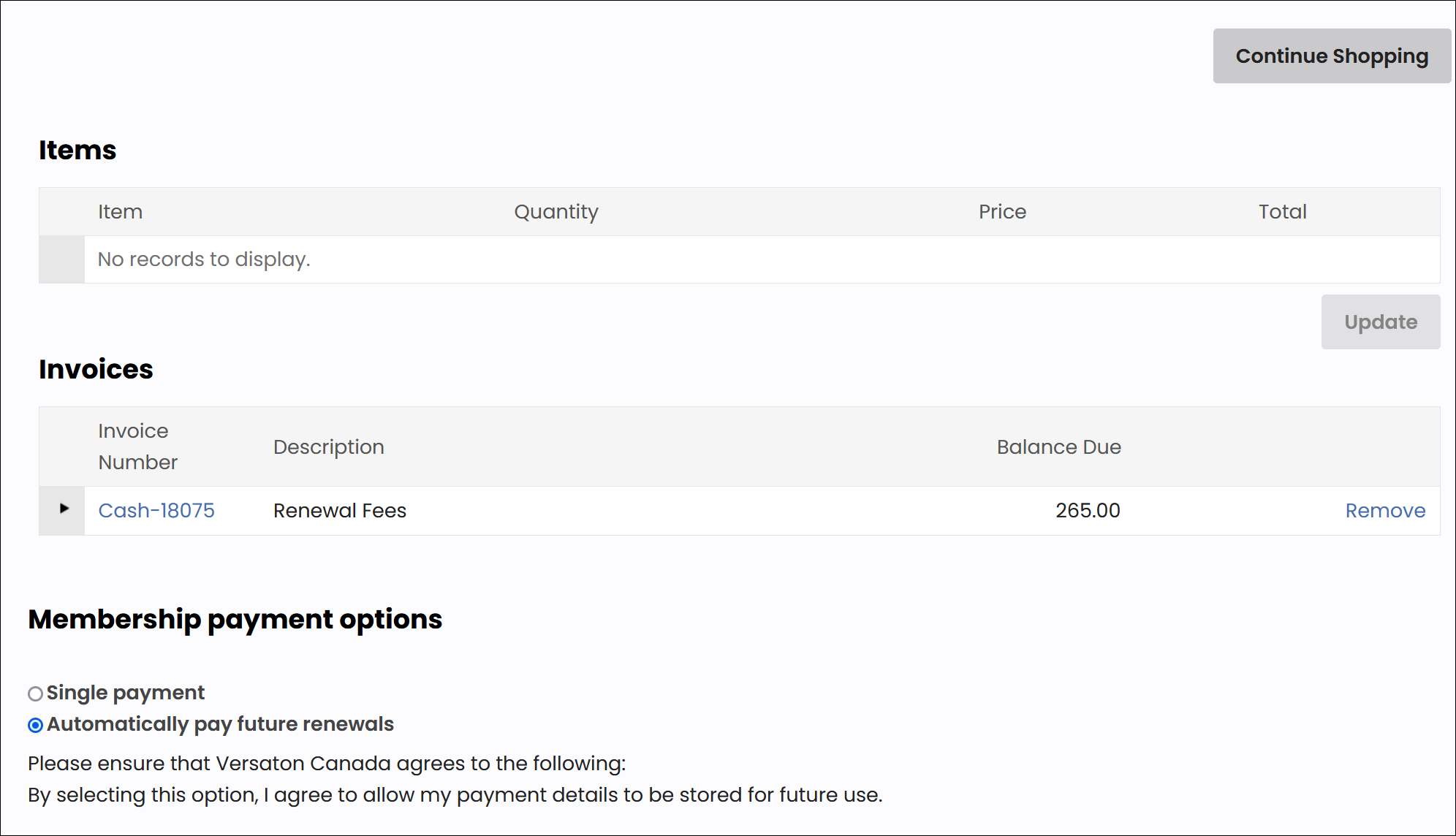 Renewal fees in cart with "Automatically pay future renewals" radio button selected