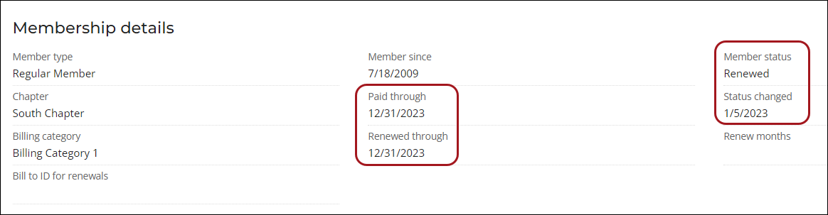Membership details panel with box around paid through, renewed through, and member status fields