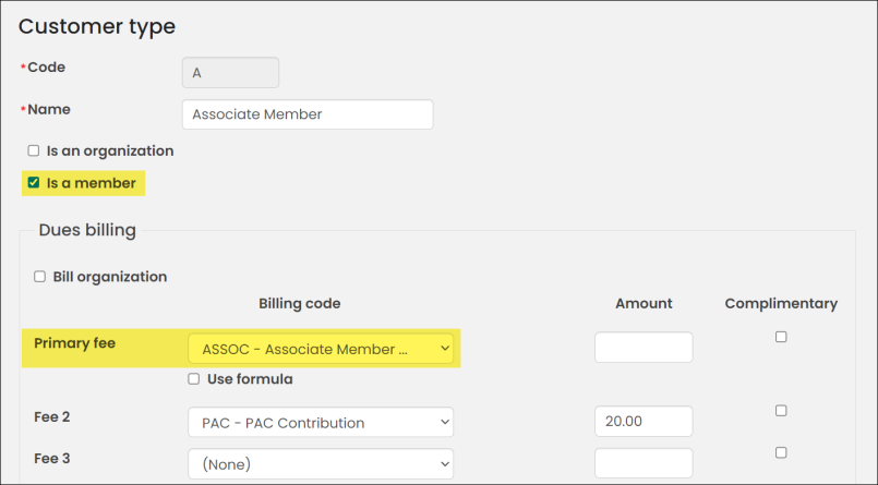Configuring the customer type with "is a member" enabled and with a primary fee