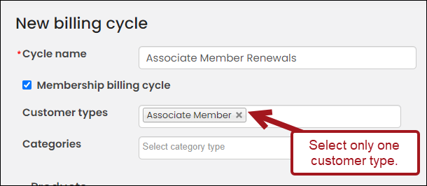 Billing cycle window with only one customer type selected