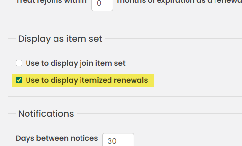 Use to display itemized renewals checkbox enabled