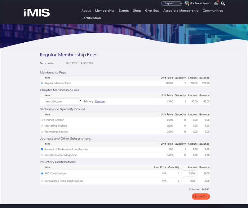 Example itemized renewal page