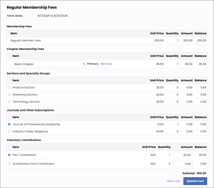Example itemized renewal page