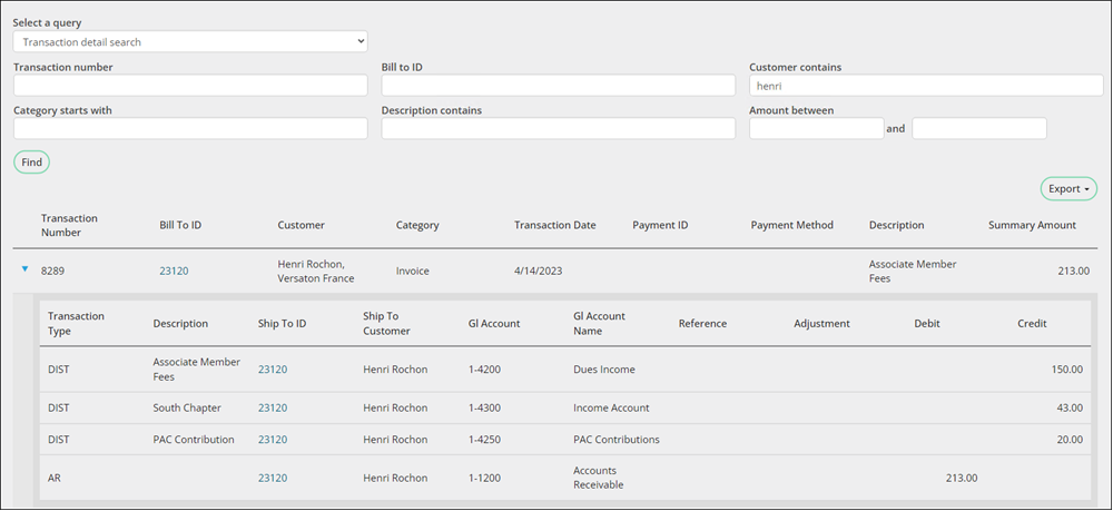 Viewing the transaction details using the transaction detail search query
