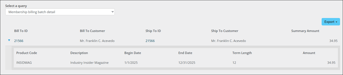 Viewing the transaction details using the "membership billing batch detail" query