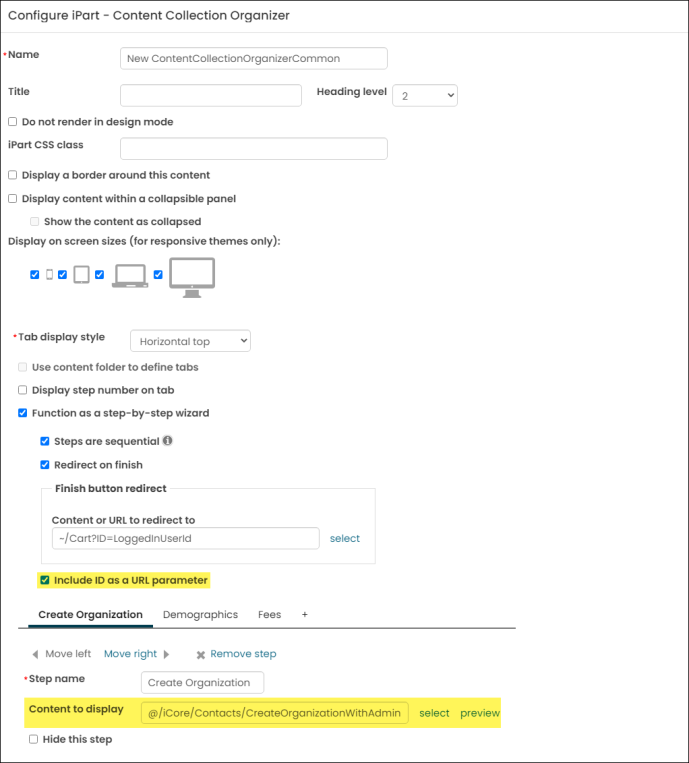 Configuring the content collection organizer to include an ID as URL parameter