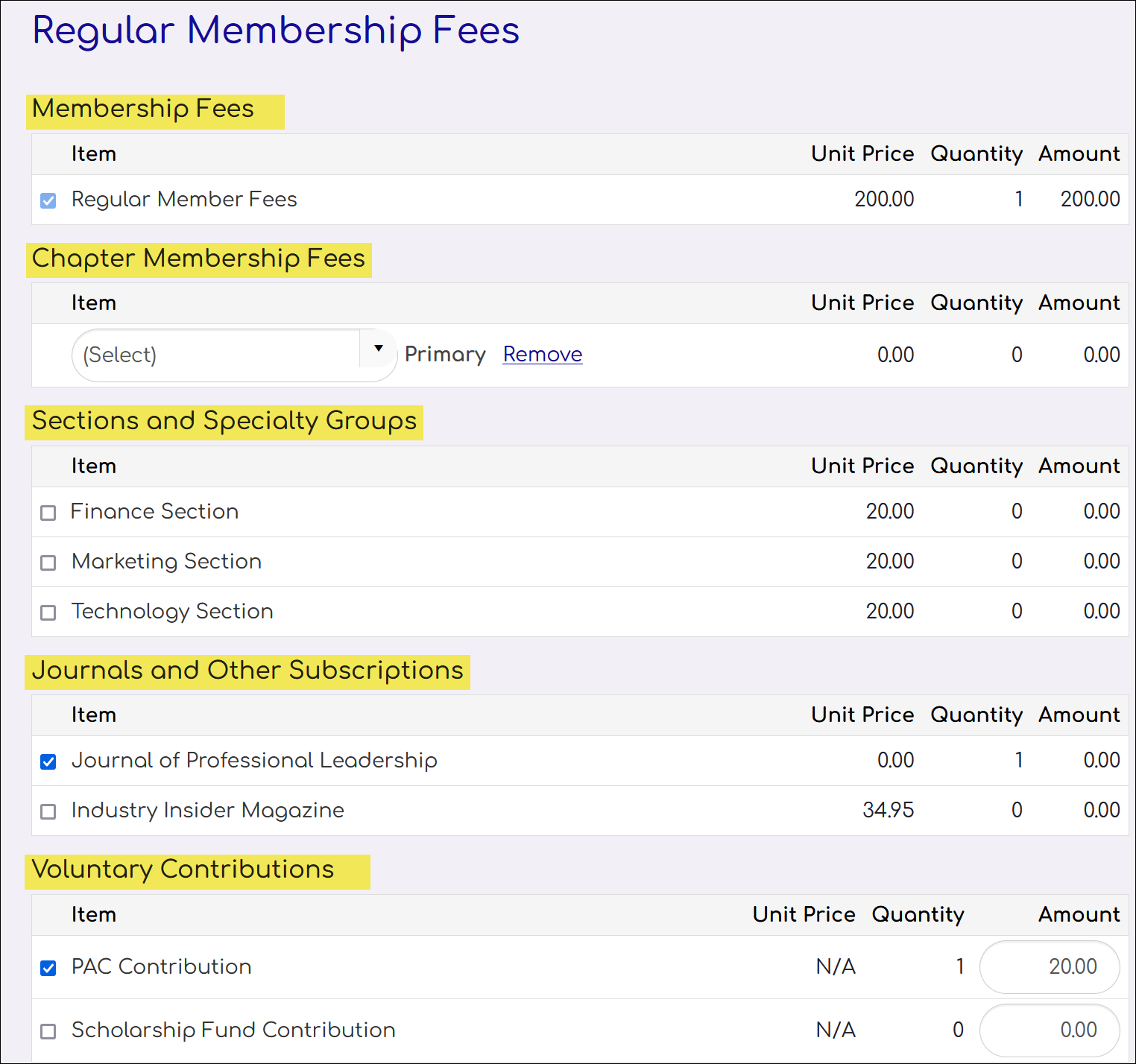 Showing that the membership fee labels appear on the itemized renewal page