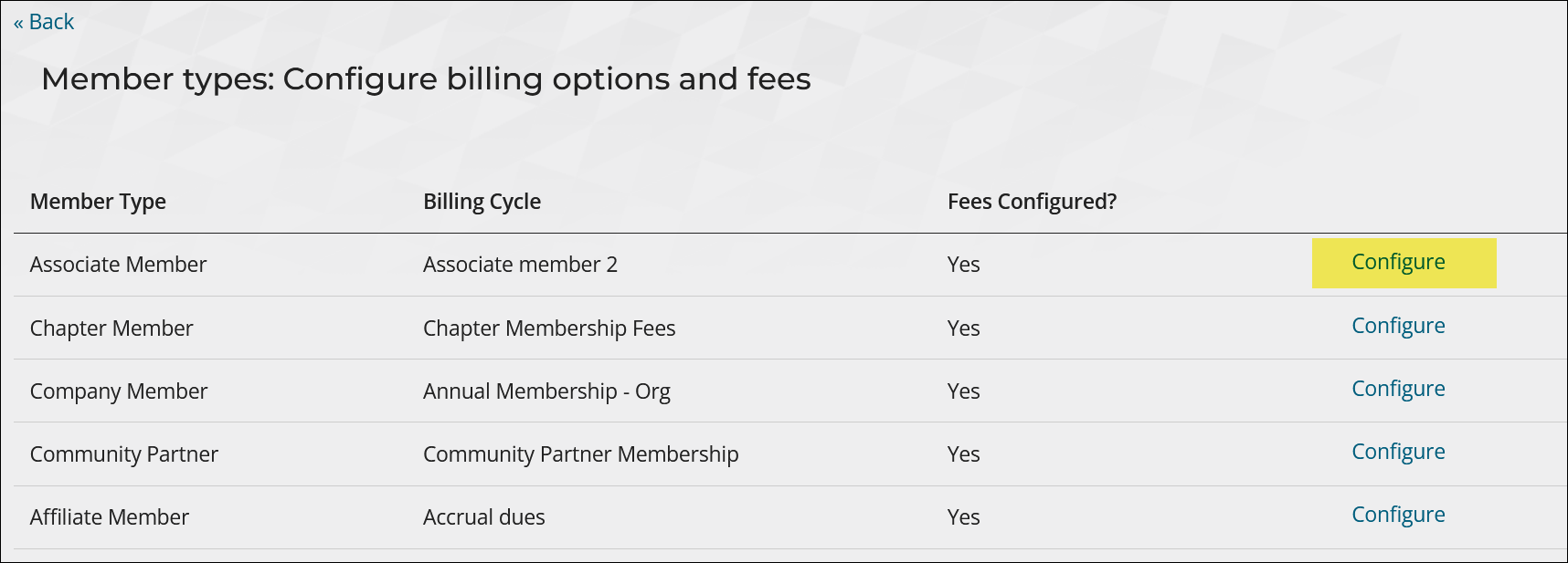 Selecting configure on the member types configure billing options and fees page