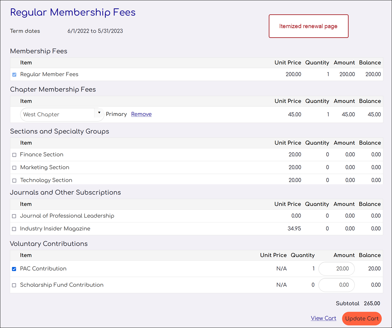 Showing an example of the itemized renewal page