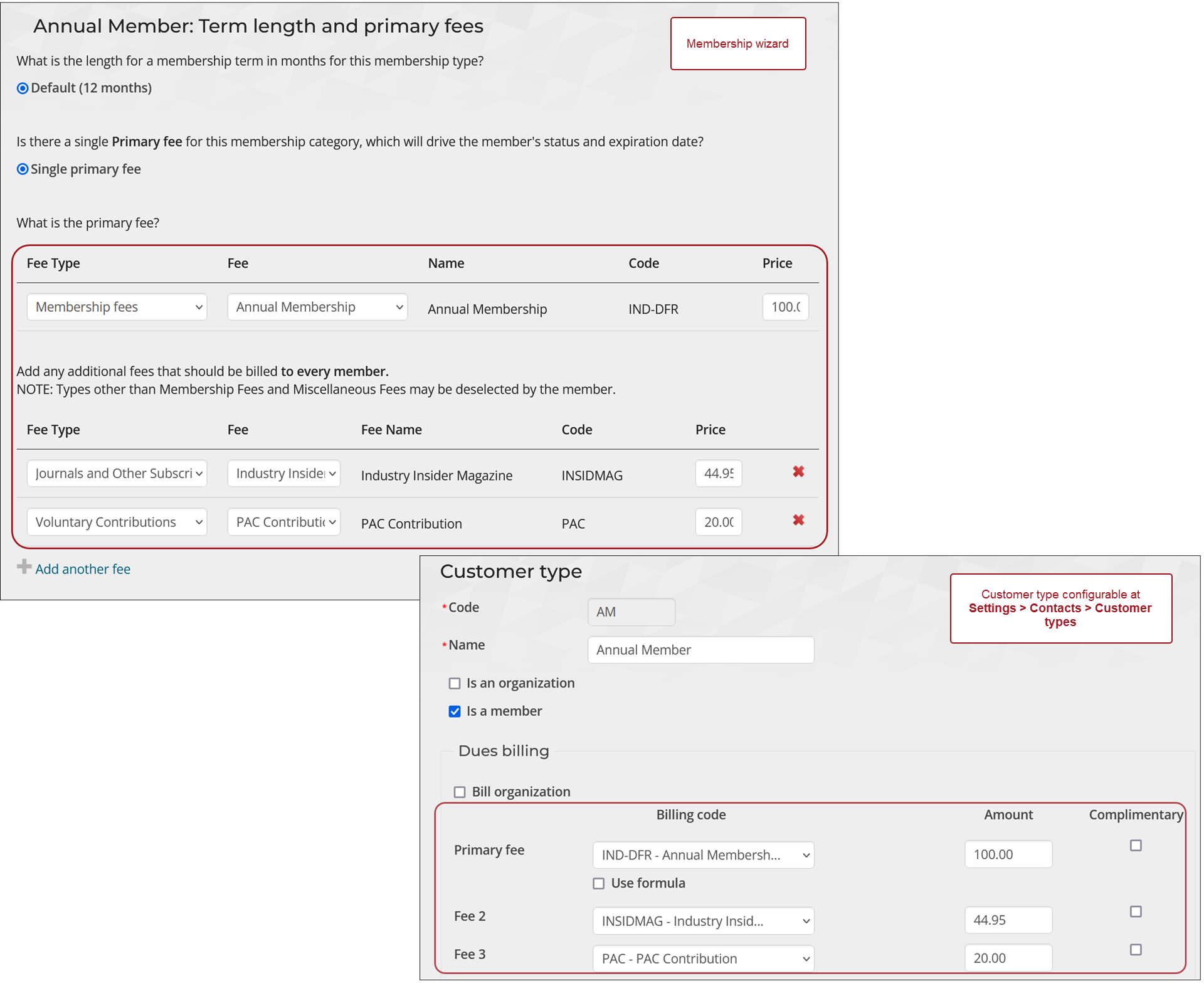 Primary fees and optional fees are added to the billing cycle