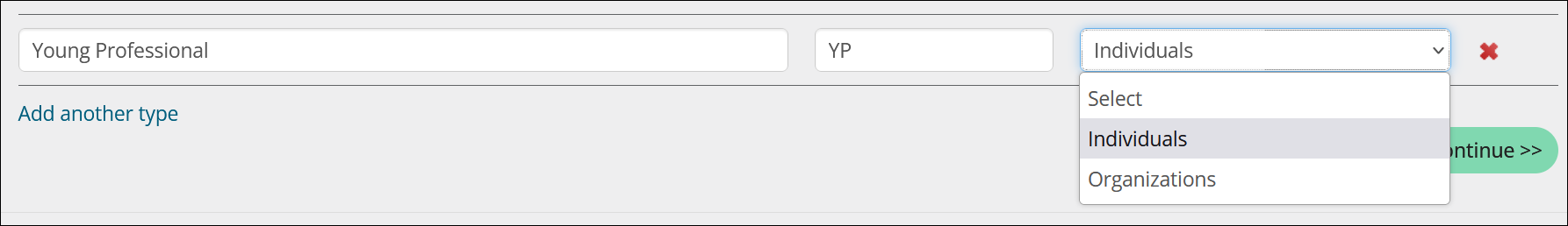 Choosing either individuals or organizations from the drop down