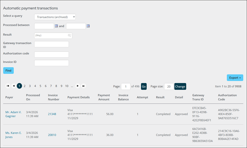 Archived payment transactions query