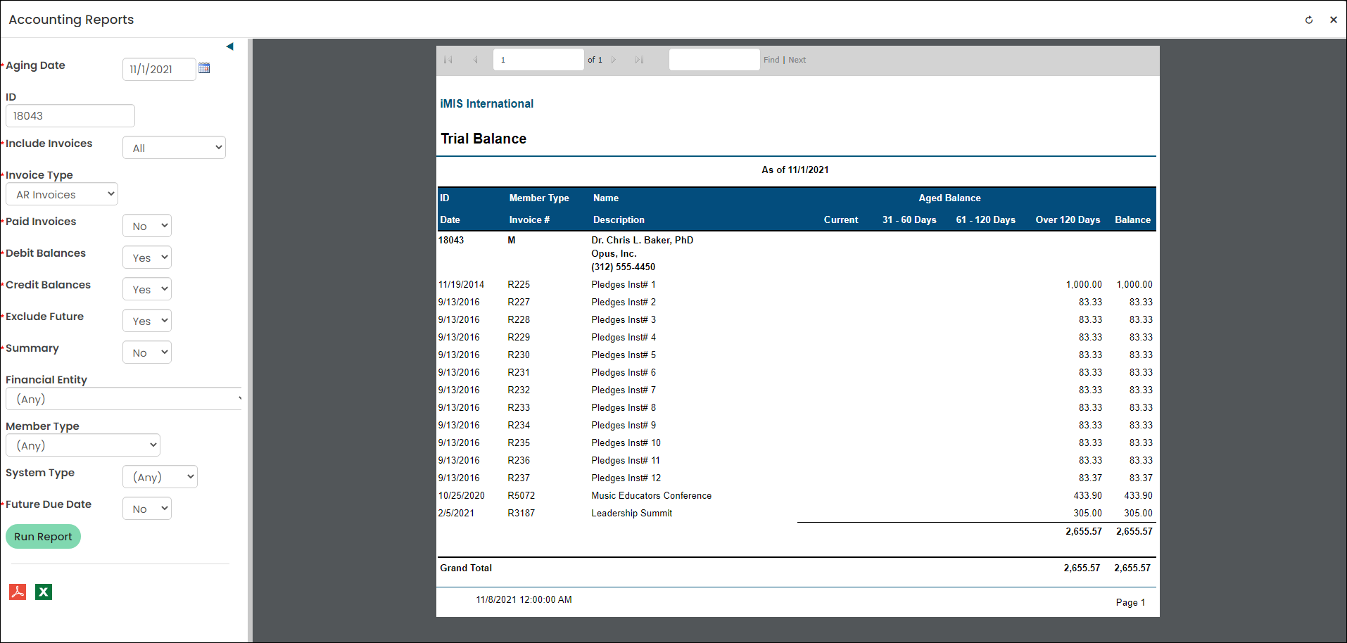 Viewing the Trial Balance report example