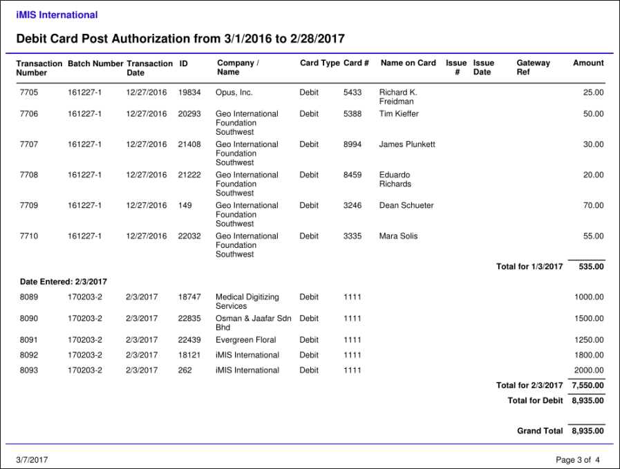 Viewing the Debit Card Post Authorization report example