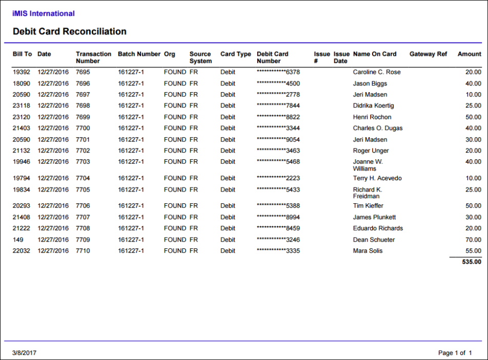 Viewing the Debit Card Reconciliation report example