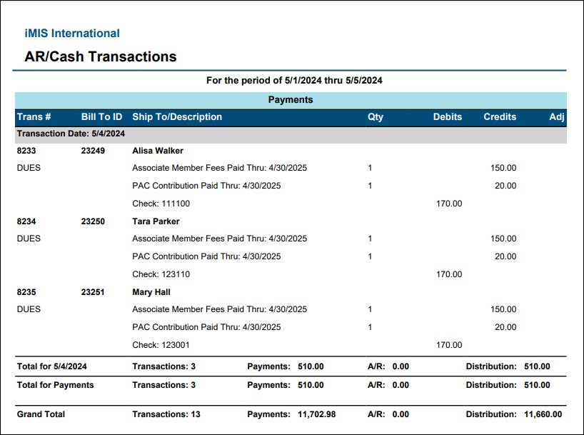 Viewing the AR/Cash Transactions report example