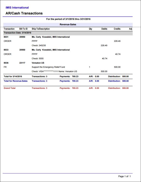 Viewing the AR/Cash Transactions report example