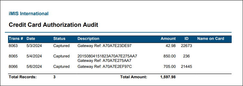 Viewing the Credit Card Authorization Audit report example