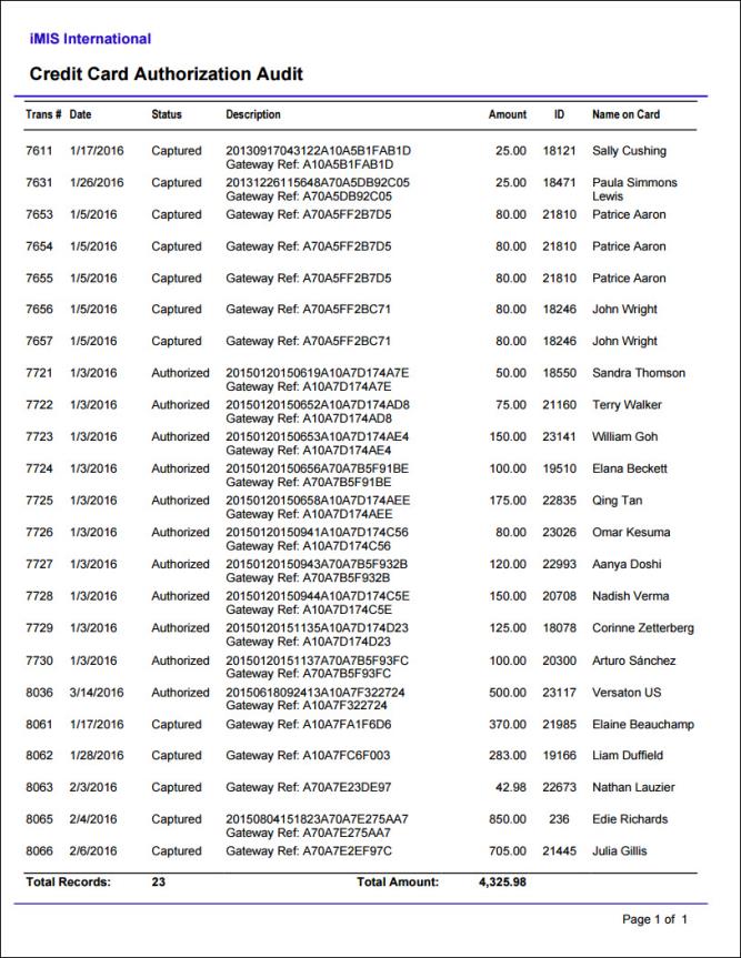 Viewing the Credit Card Authorization Audit report example