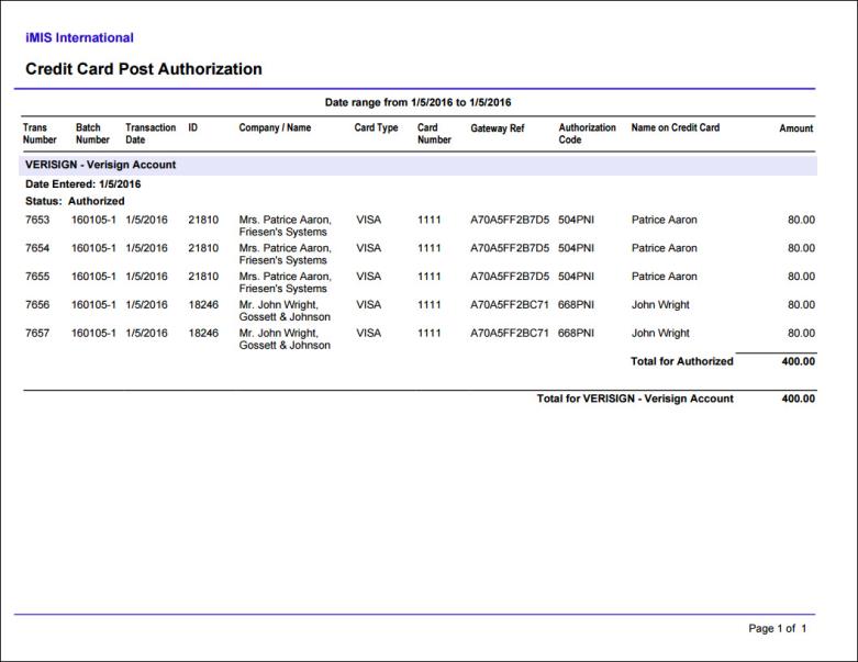 Viewing the Credit Card Post Authorization report example