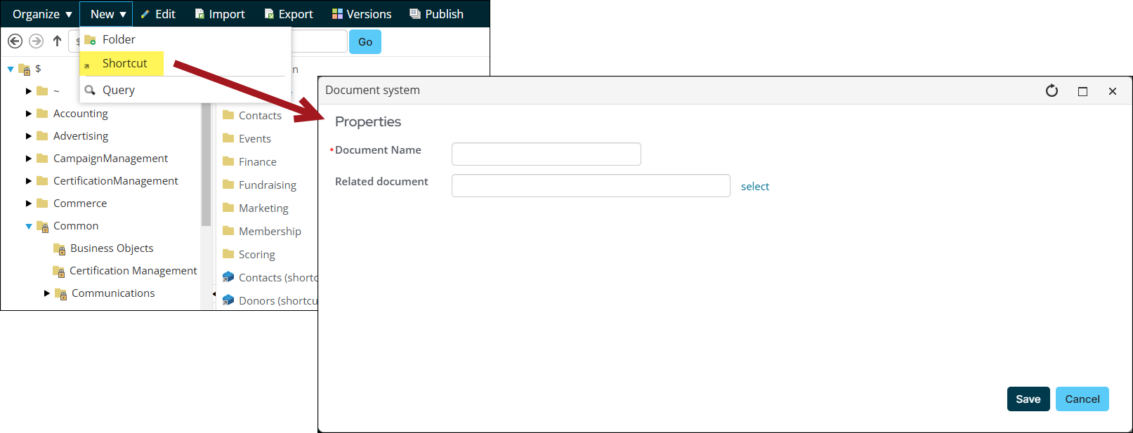 Selecting a Shortcut to add an existing query, business object, or use-defined source