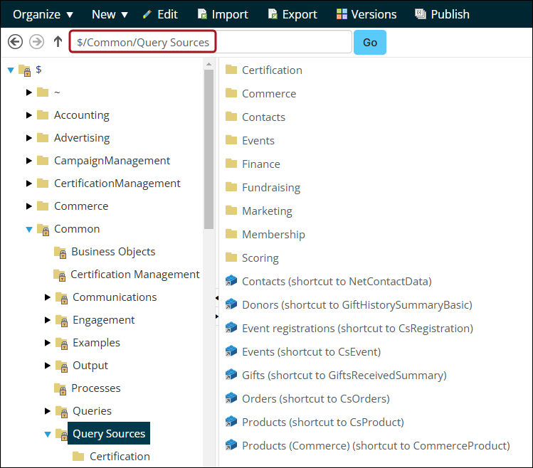 Navigating to the $/Common/Query Sources folder