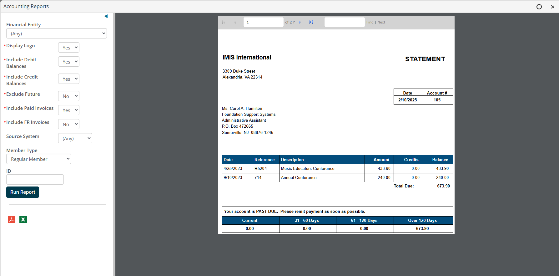 Viewig the Account Statement report with parameters example