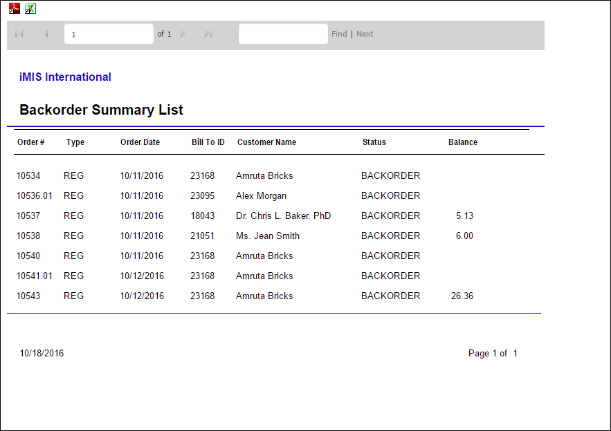 Viewing the Backorder Summary report example