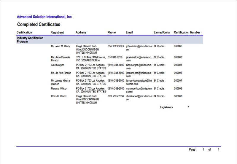 Viewing the Completed Certificates report example