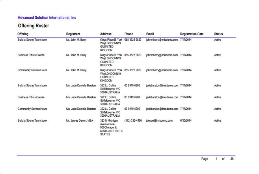 Viewing the Offering Roster report example