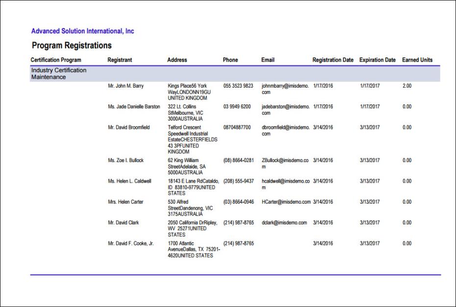 Viewing the Program Registrations report example