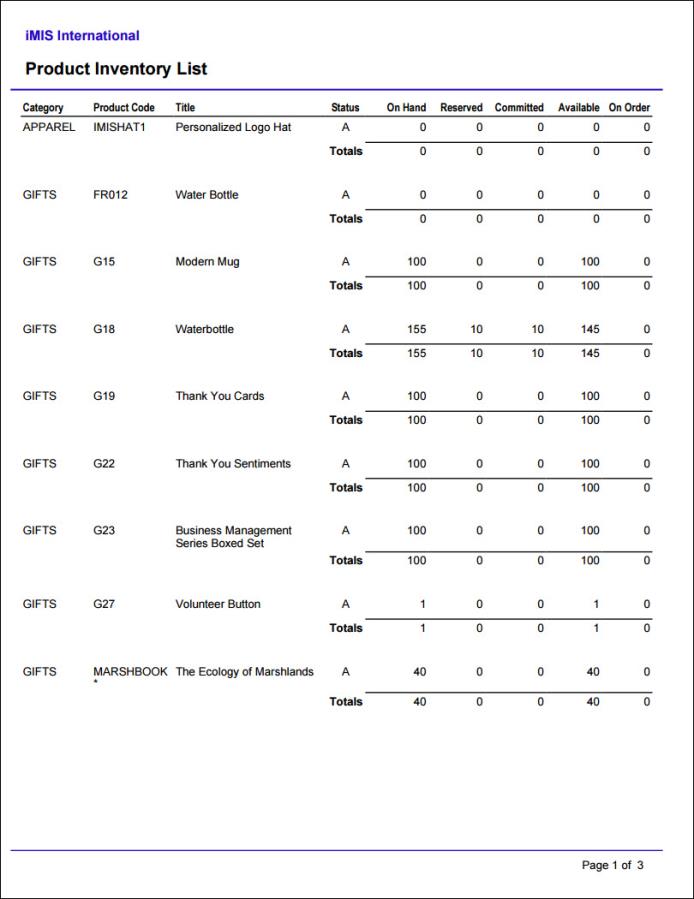 Viewing the Product Inventory List report example