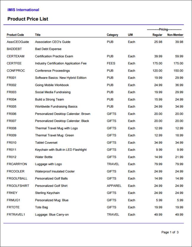 Viewing the Product Price List report example