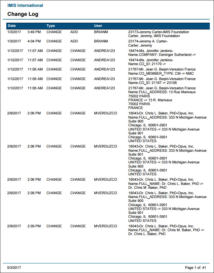 Viewing the Change Log report example