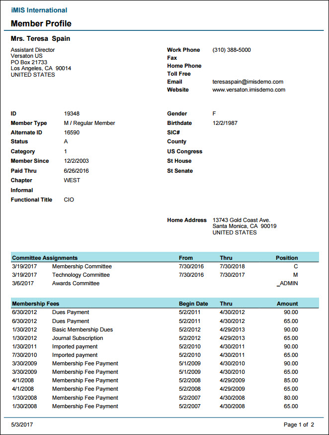 Viewing the Member Profile report example