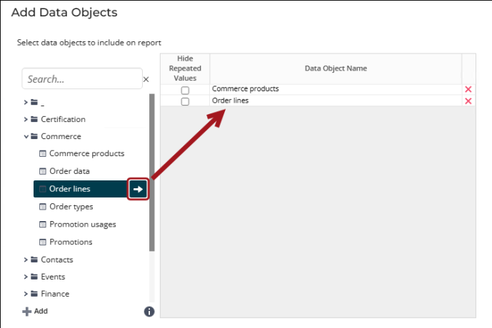 Viewing the Add Data Objects window