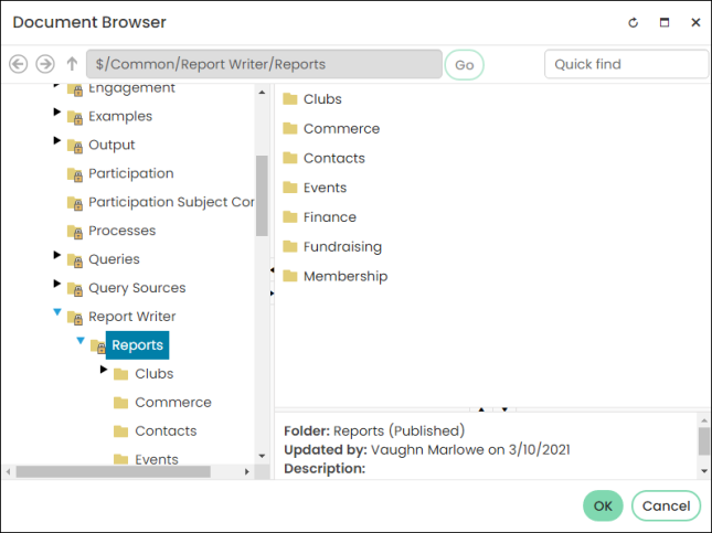 Viewing the $/Common/Report Writer/Reports folder