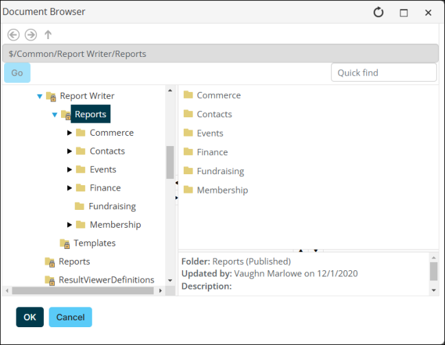 Viewing the $/Common/Report Writer/Reports folder