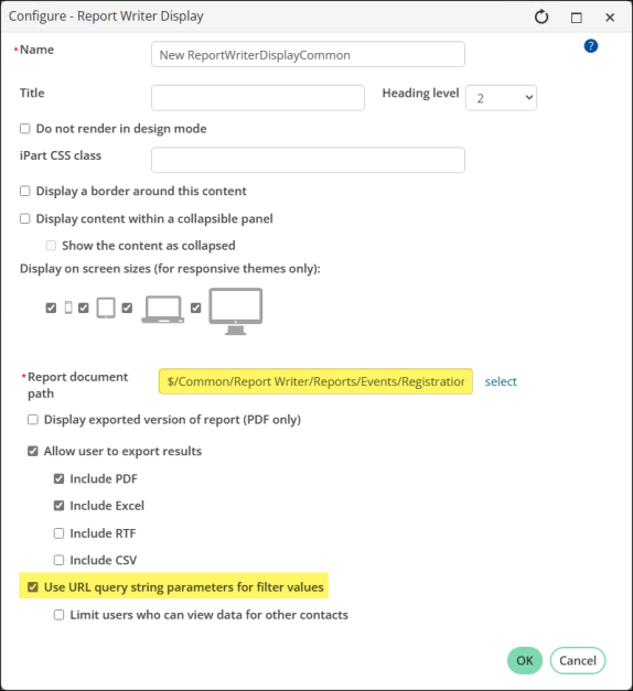 Enabling Use URL query string parameters for filter values