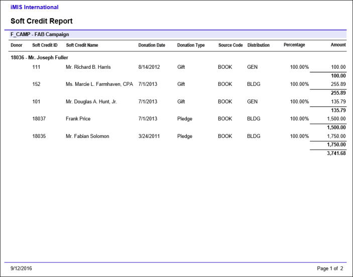 Viewing the Soft Credit report example