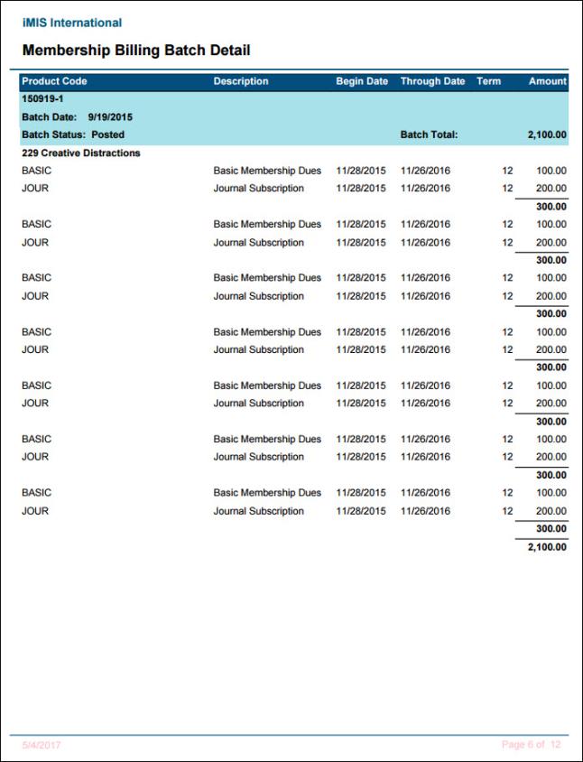 Viewing the Membership Billing Batch Detail report example