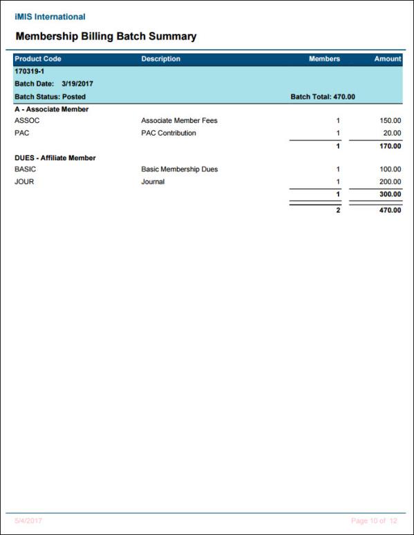 Viewing the Membership Billing Batch Summary report example